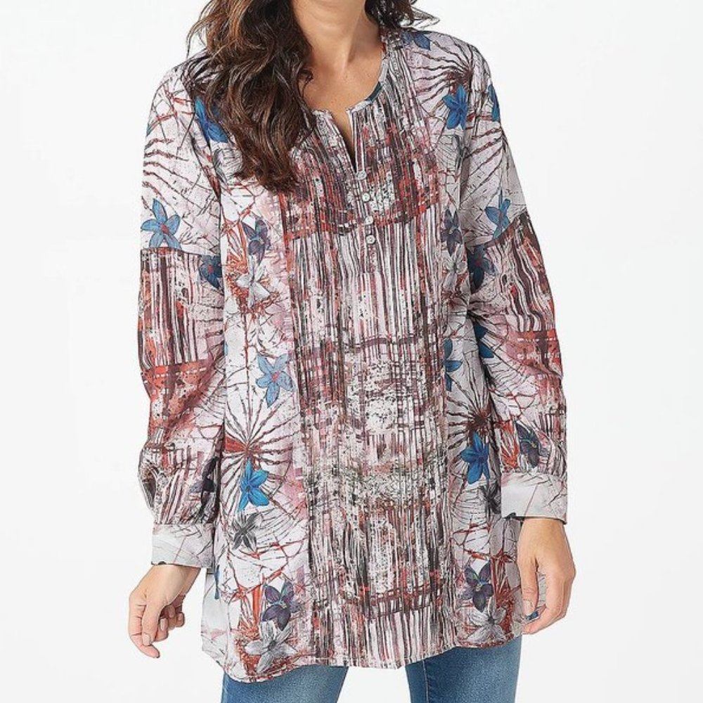 New Tolani Ivory Abstract Pleated Tunic - Women Small